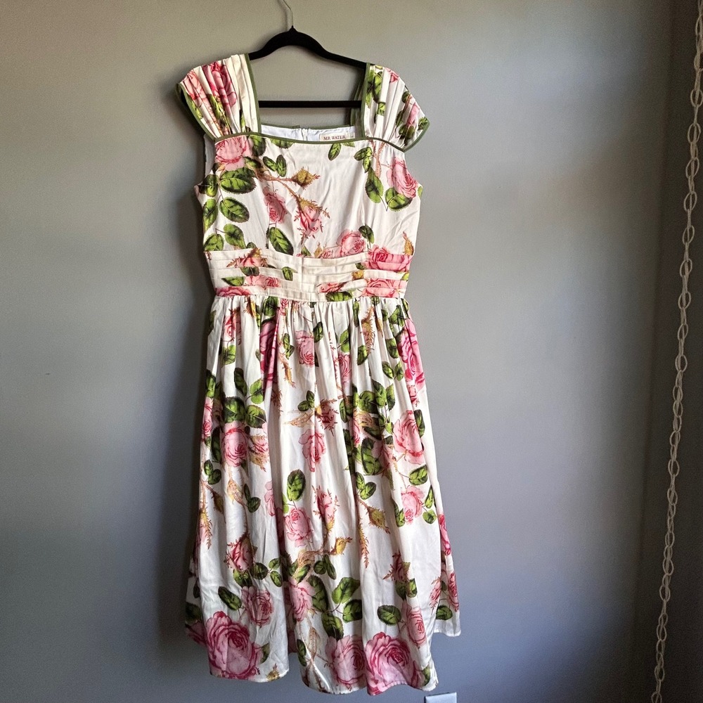 Mr Water Pink Rose Floral‎ Pleated Cap Sleeve Fit & Flare Midi Dress Large